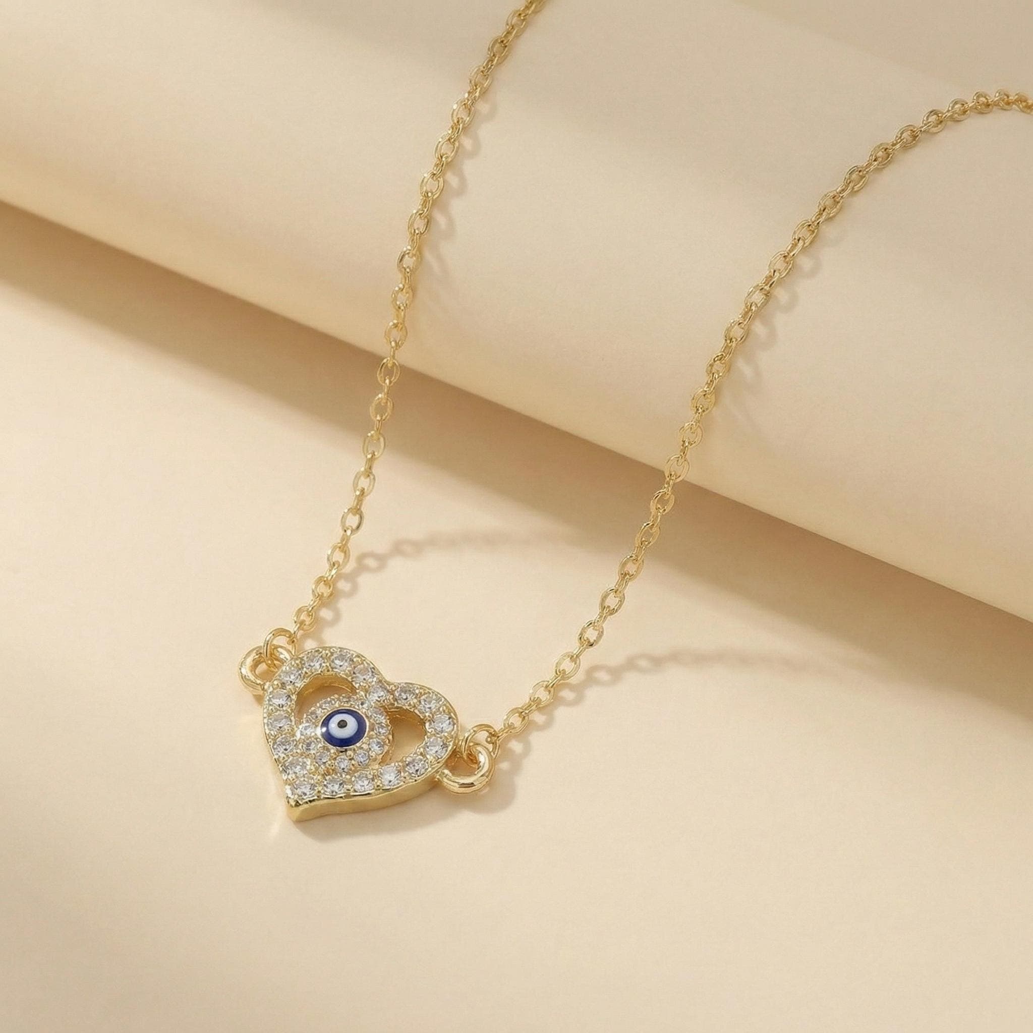 Dainty Gold Heart Necklace with Blue Evil Eye thumbnail 6