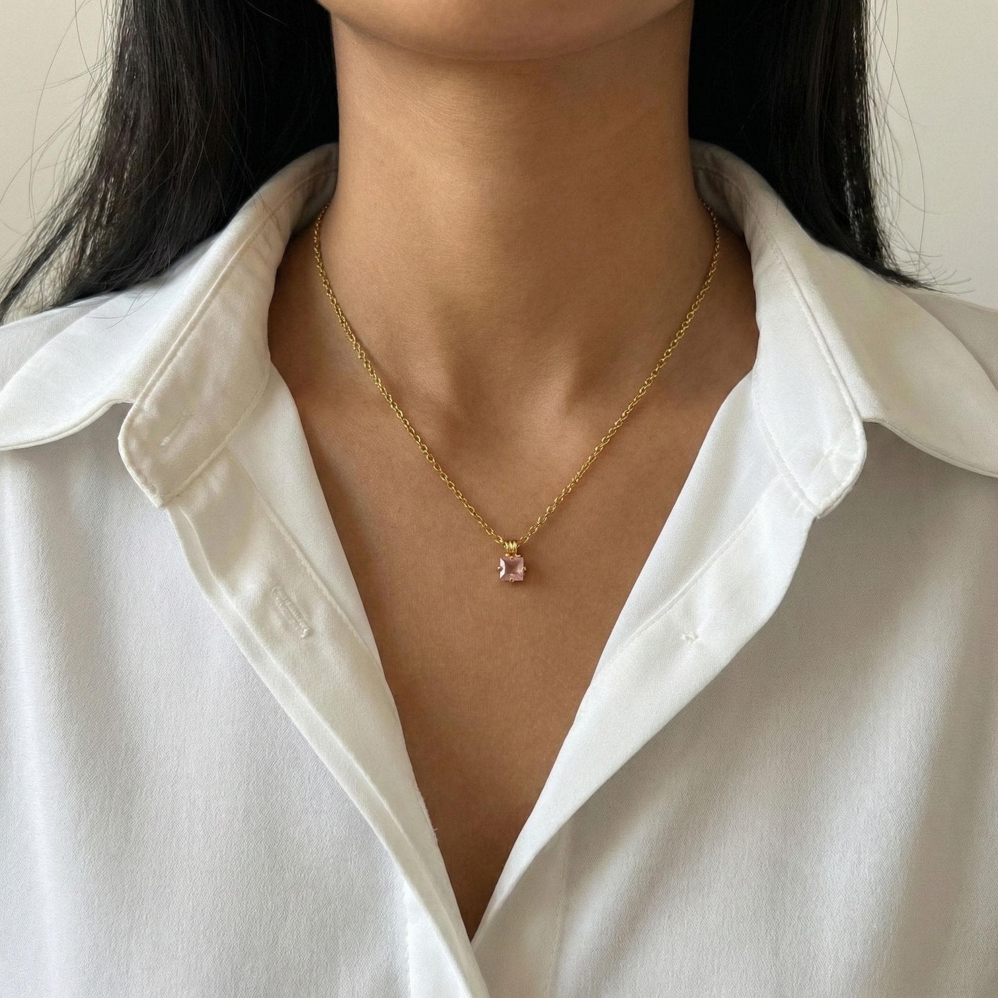 Dainty Green Opal Necklace Gold Plated Square Pendant Minimalist Jewelry Gift thumbnail 2