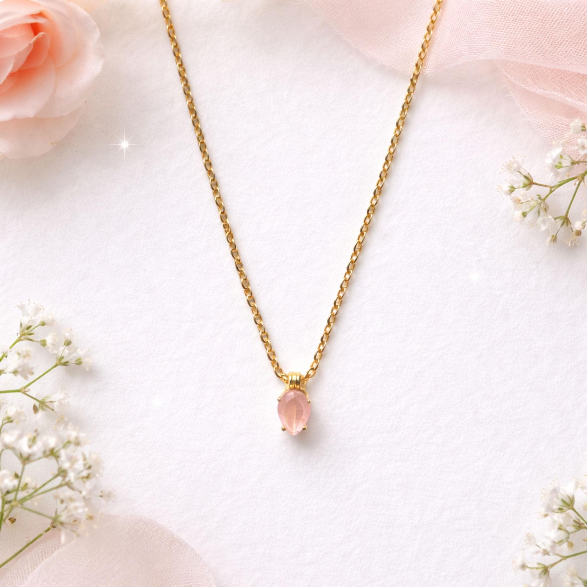 Dainty Gemstone Necklace Gold Mint Green Chalcedony Rose Quartz Pendant thumbnail 3