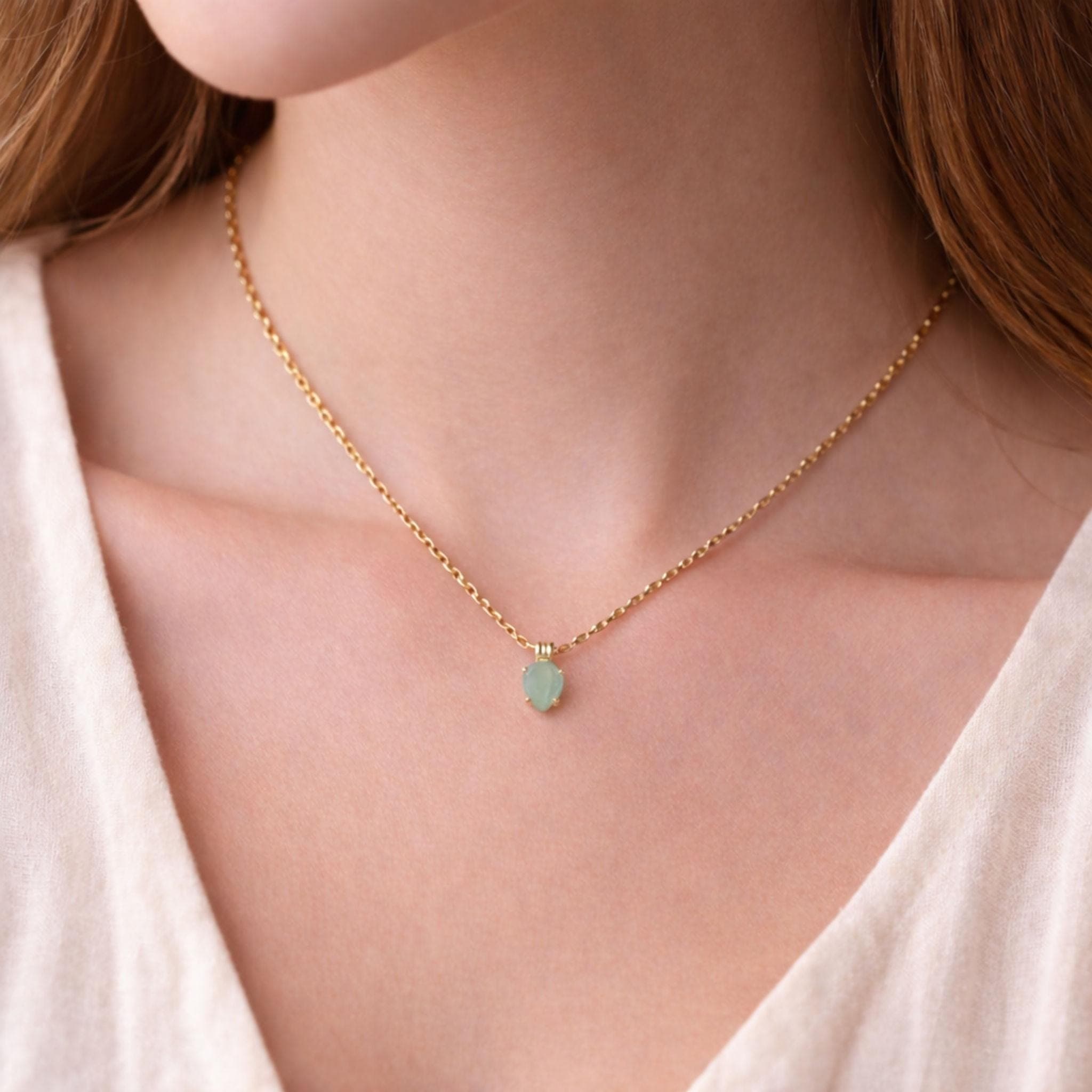 Dainty Gemstone Necklace - Mint Green Chalcedony Teardrop on Gold Chain | Kreths Pearl Jewelry