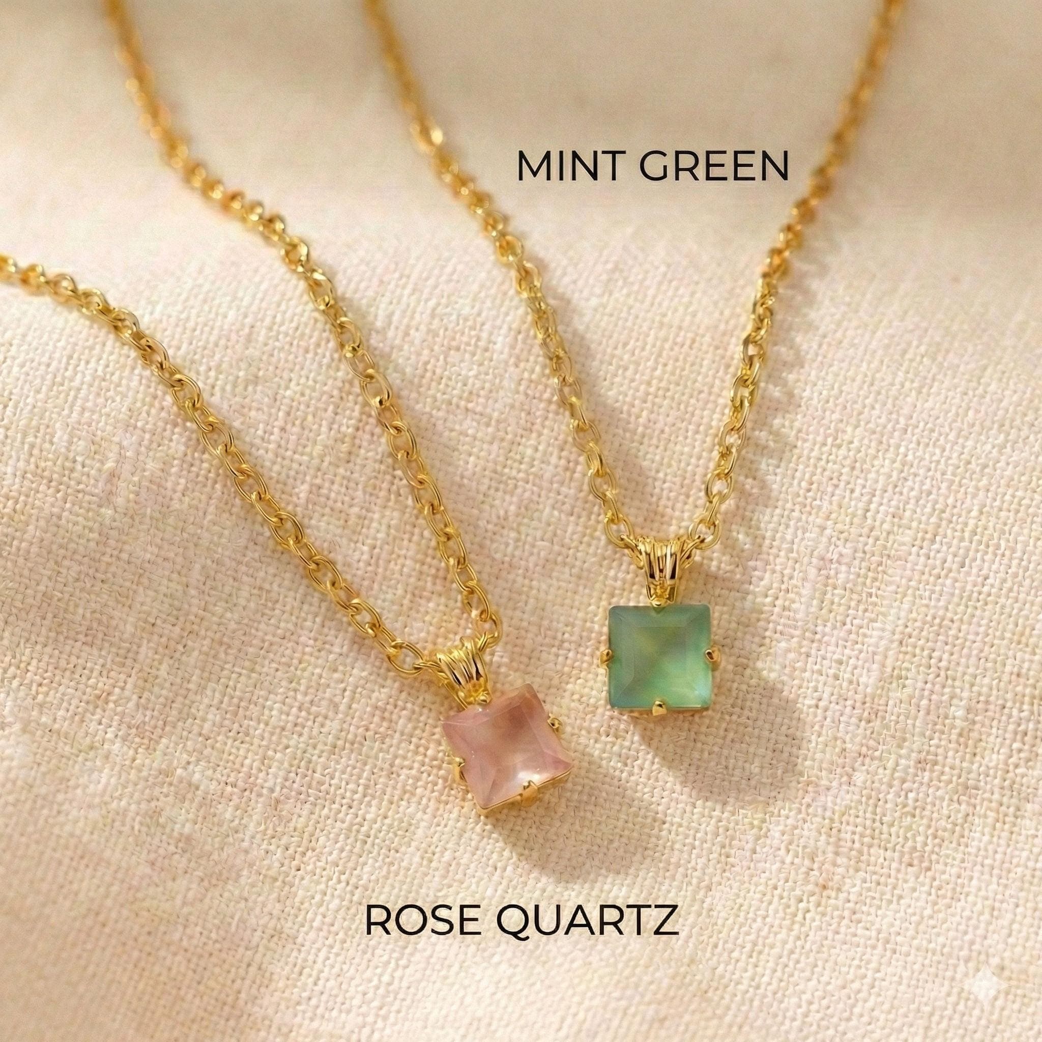 Dainty Green Opal Necklace Gold Plated Square Pendant Minimalist Jewelry Gift thumbnail 9