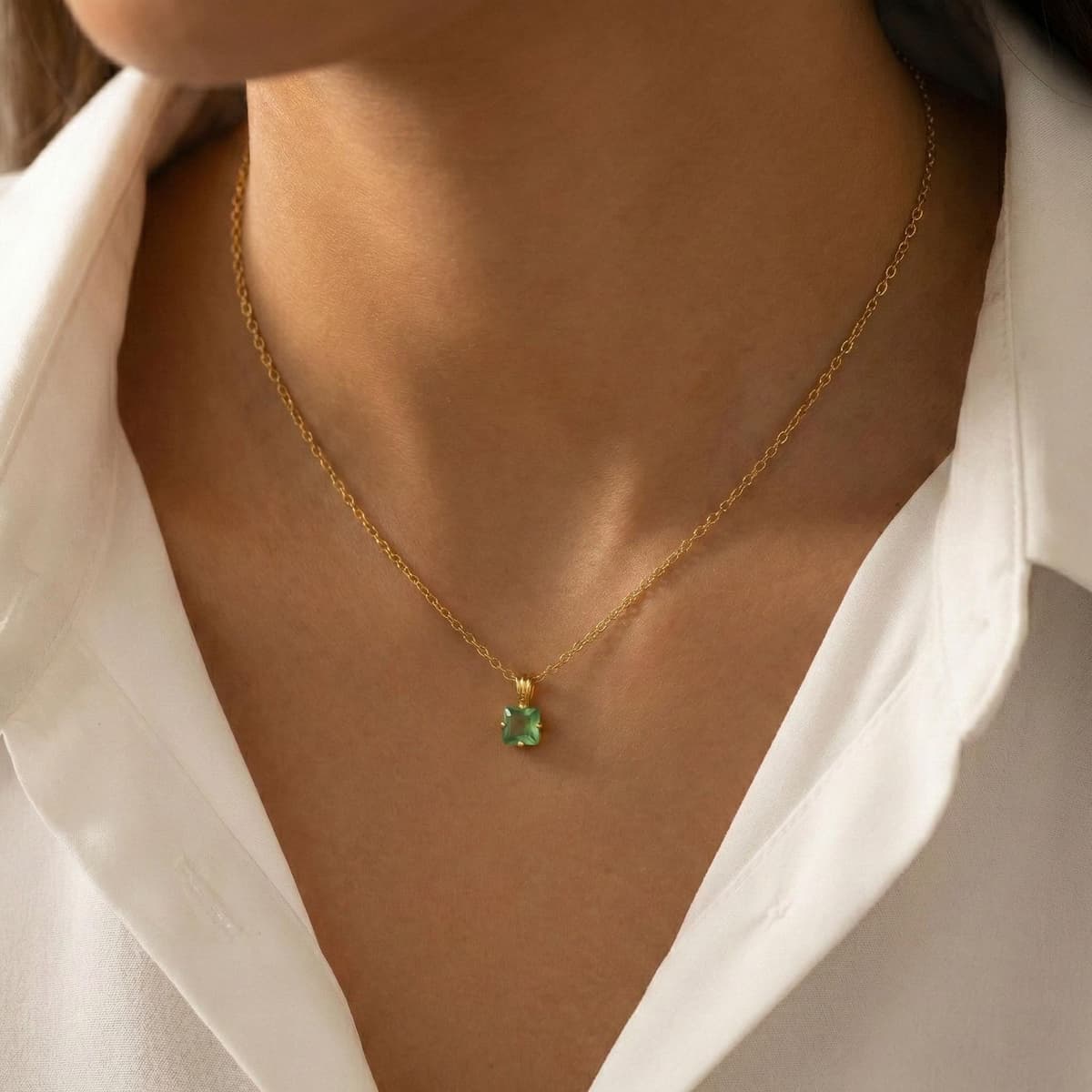 Dainty Green Opal Necklace - Gold Plated Square Gemstone Pendant | Kreths Pearl Jewelry