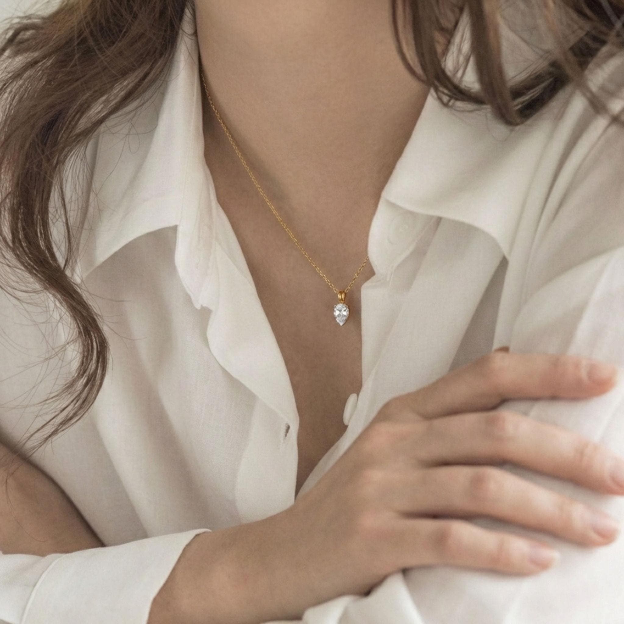 Minimal Teardrop CZ Necklace Gold Dainty Solitaire Pendant Everyday Jewelry Gift thumbnail 2