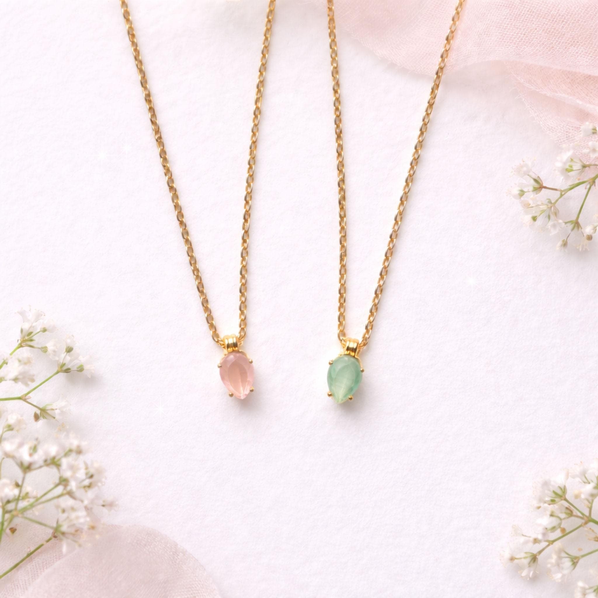 Dainty Gemstone Necklace Gold Mint Green Chalcedony Rose Quartz Pendant thumbnail 2