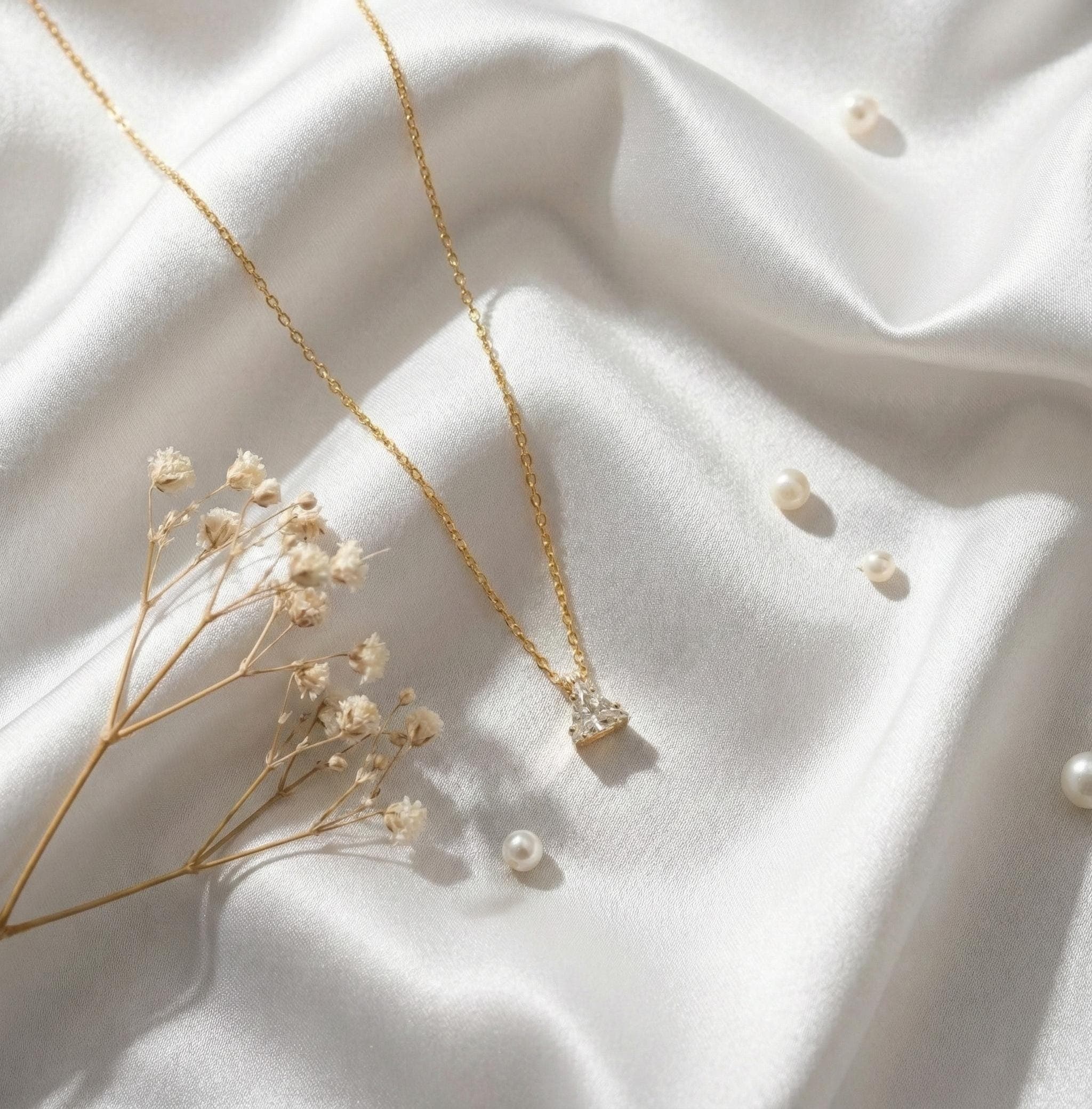 Minimal Trillion CZ Gold Necklace Dainty Solitaire Pendant Necklace Gift thumbnail 8