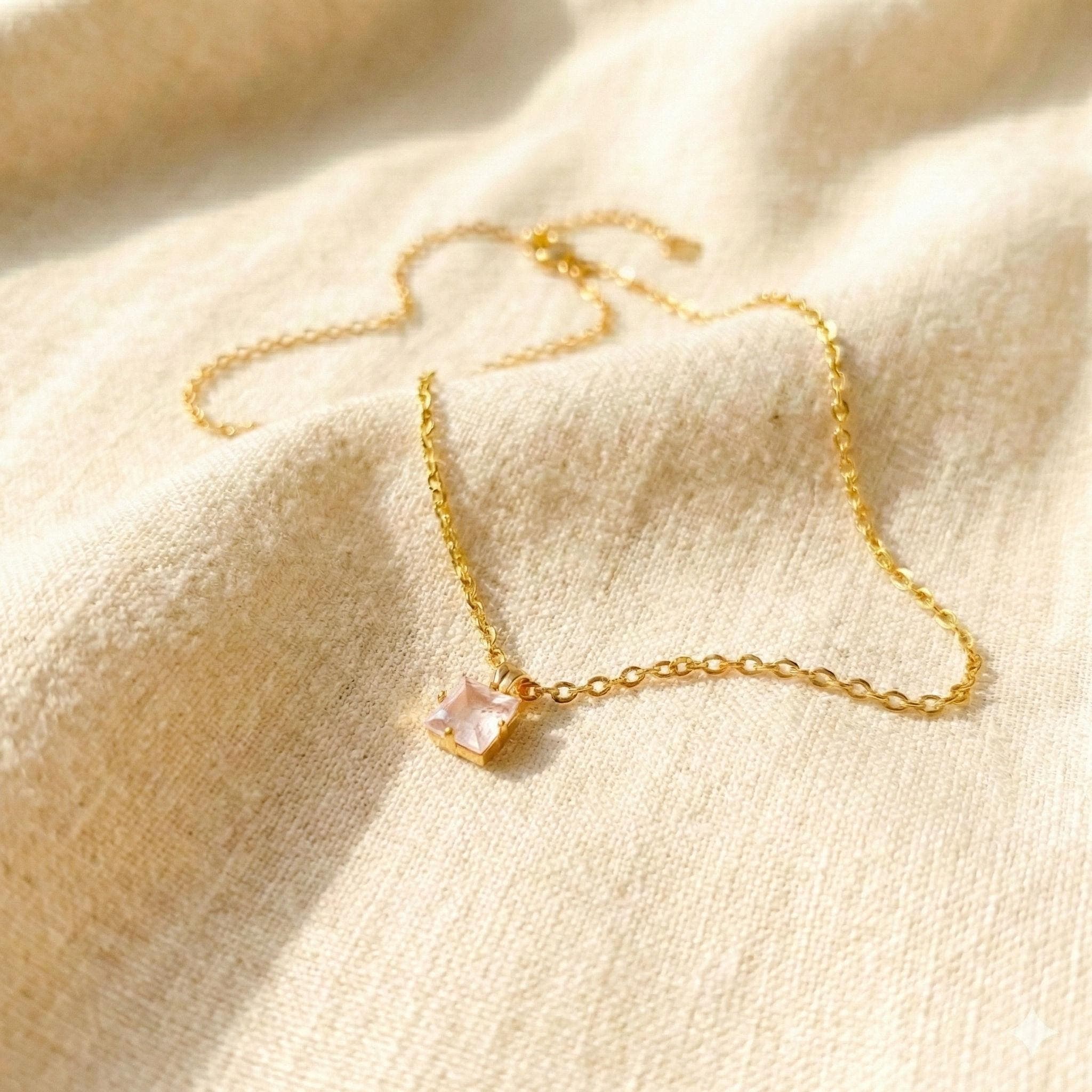 Dainty Green Opal Necklace Gold Plated Square Pendant Minimalist Jewelry Gift thumbnail 5