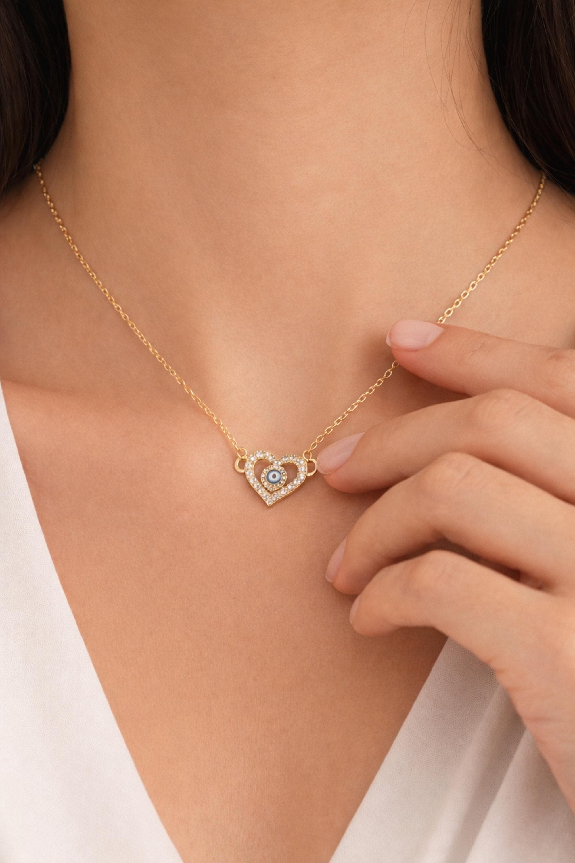 Dainty Gold Heart Necklace - Blue Evil Eye & CZ Pendant | Kreths Pearl Jewelry