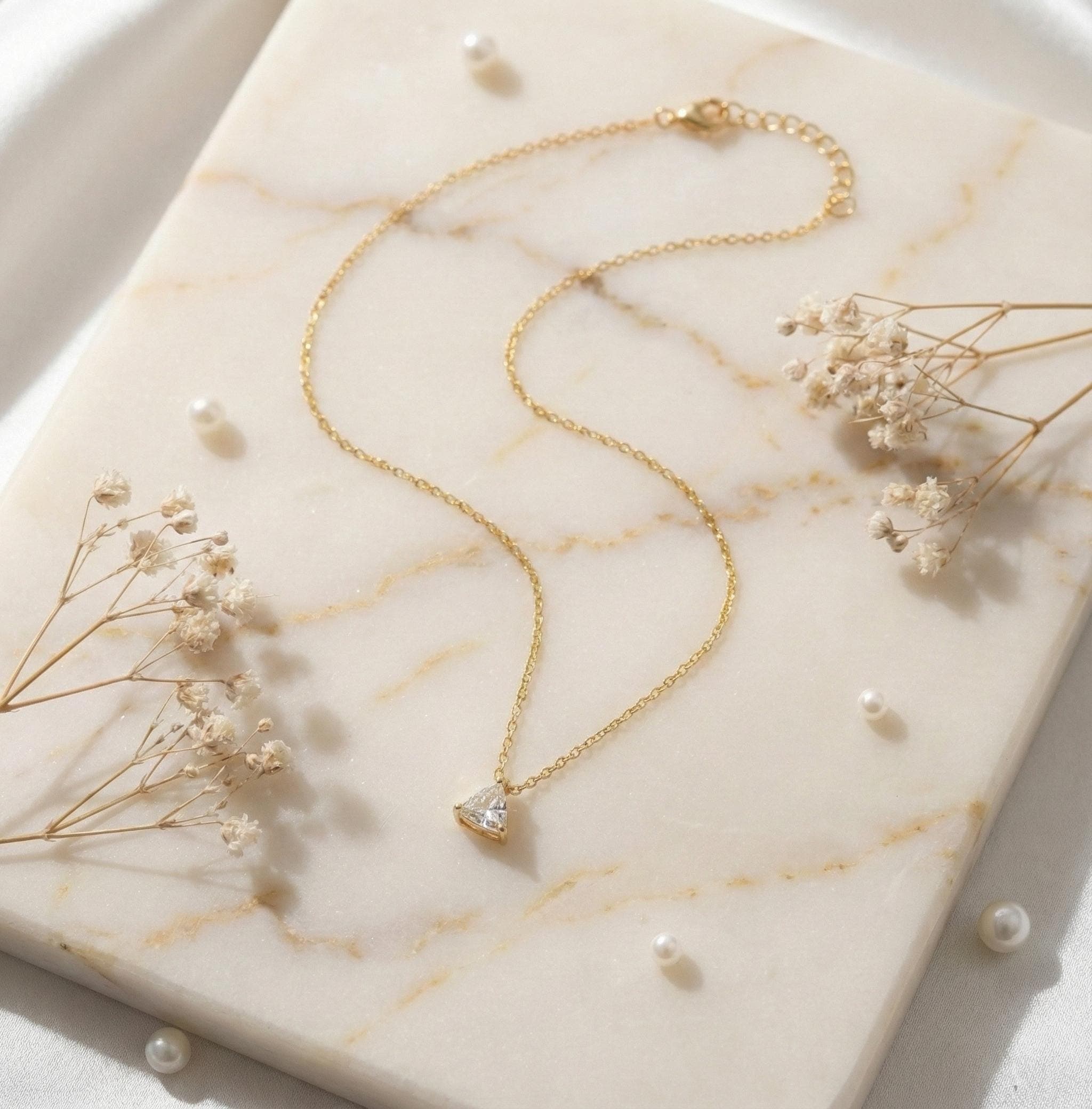 Minimal Trillion CZ Gold Necklace Dainty Solitaire Pendant Necklace Gift thumbnail 5