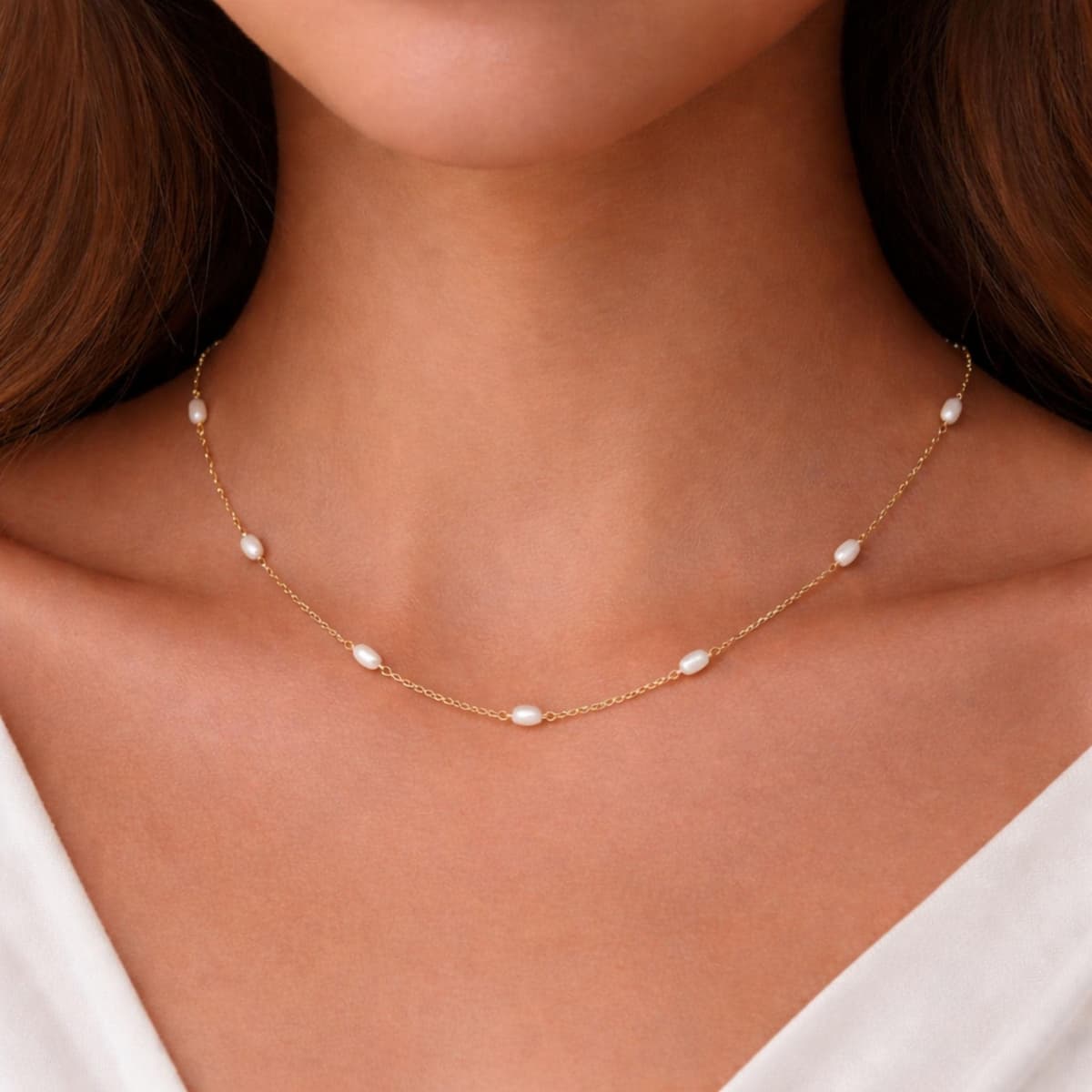 Dainty Gold Chain Pearl Necklace - Freshwater Pearl Station Choker | Kreths Pearl Jewelry