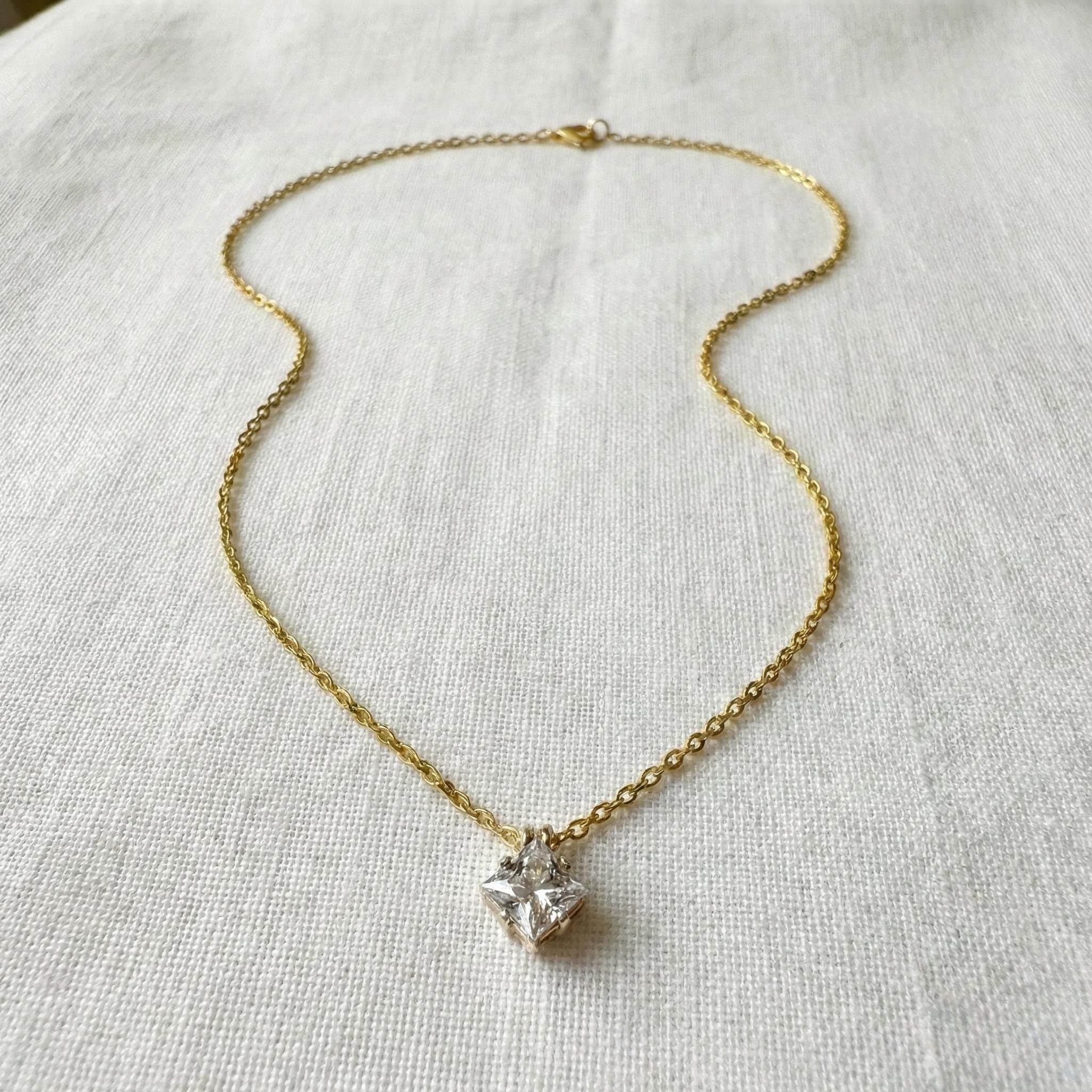 Minimal Gold Square CZ Necklace Dainty Solitaire Pendant Everyday Jewelry thumbnail 3