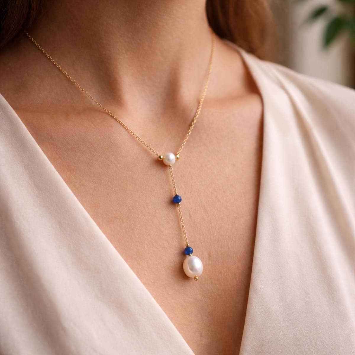 Lapis Pearl Y Necklace - Lapis Lazuli & Freshwater Pearl Lariat | Kreths Pearl Jewelry