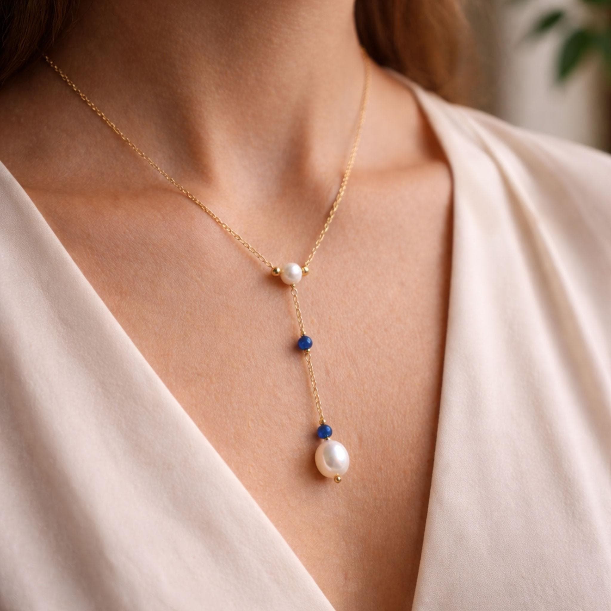 Lapis Pearl Y Necklace - Lapis Lazuli & Freshwater Pearl Lariat | Kreths Pearl Jewelry