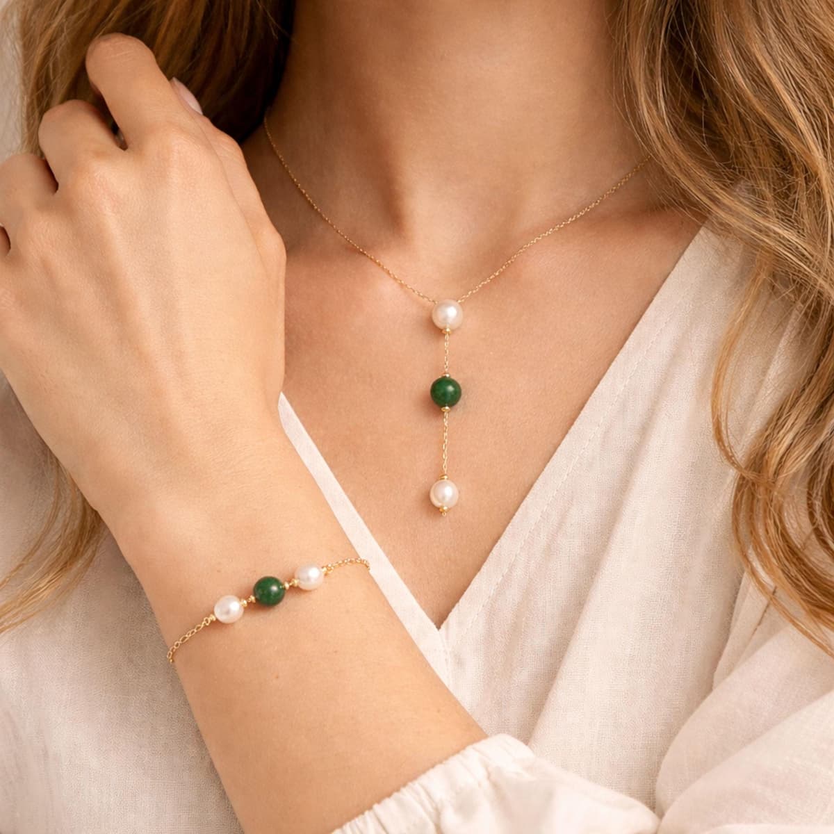 Jade Pearl Y Necklace - Jade & Freshwater Pearl Lariat Choker | Kreths Pearl Jewelry