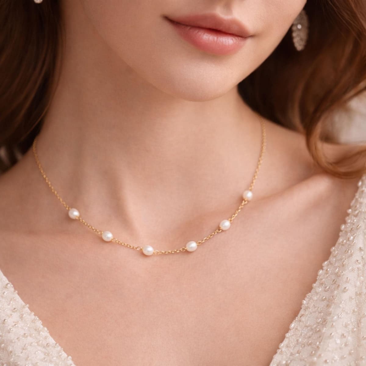 Handmade Freshwater Pearl Station Necklace - Pearls on Gold Chain Choker | Kreths Pearl Jewelry