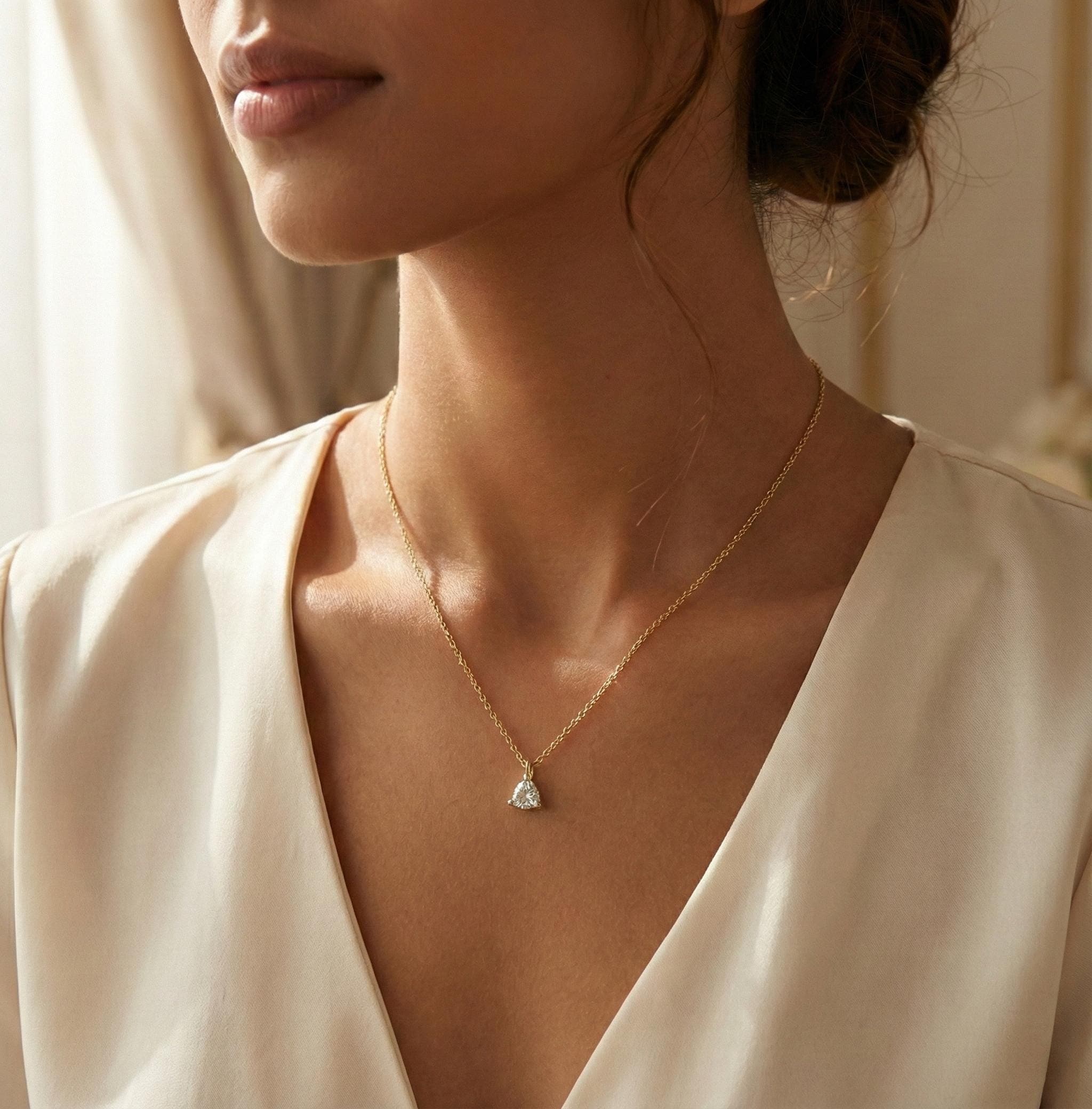 Minimal Trillion CZ Gold Necklace - Dainty Solitaire Pendant | Kreths Pearl Jewelry