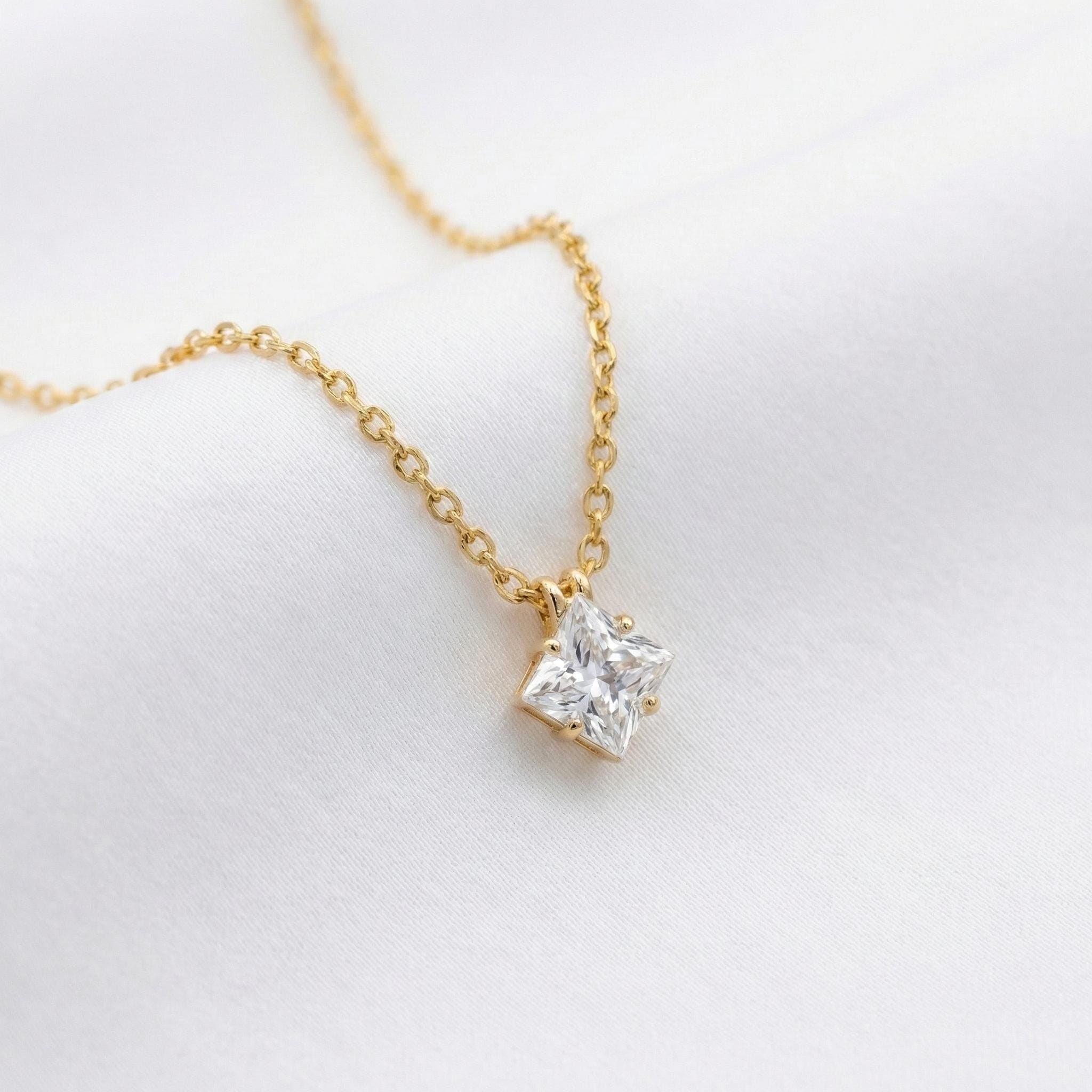 Minimal Gold Square CZ Necklace Dainty Solitaire Pendant Everyday Jewelry thumbnail 4