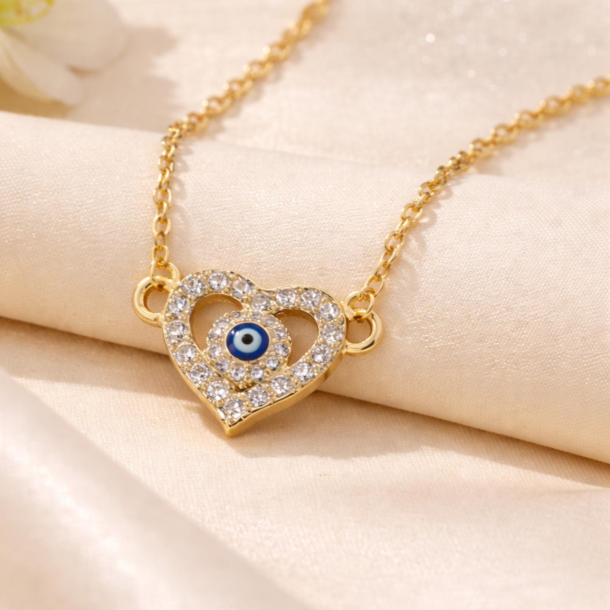 Dainty Gold Heart Necklace with Blue Evil Eye thumbnail 3