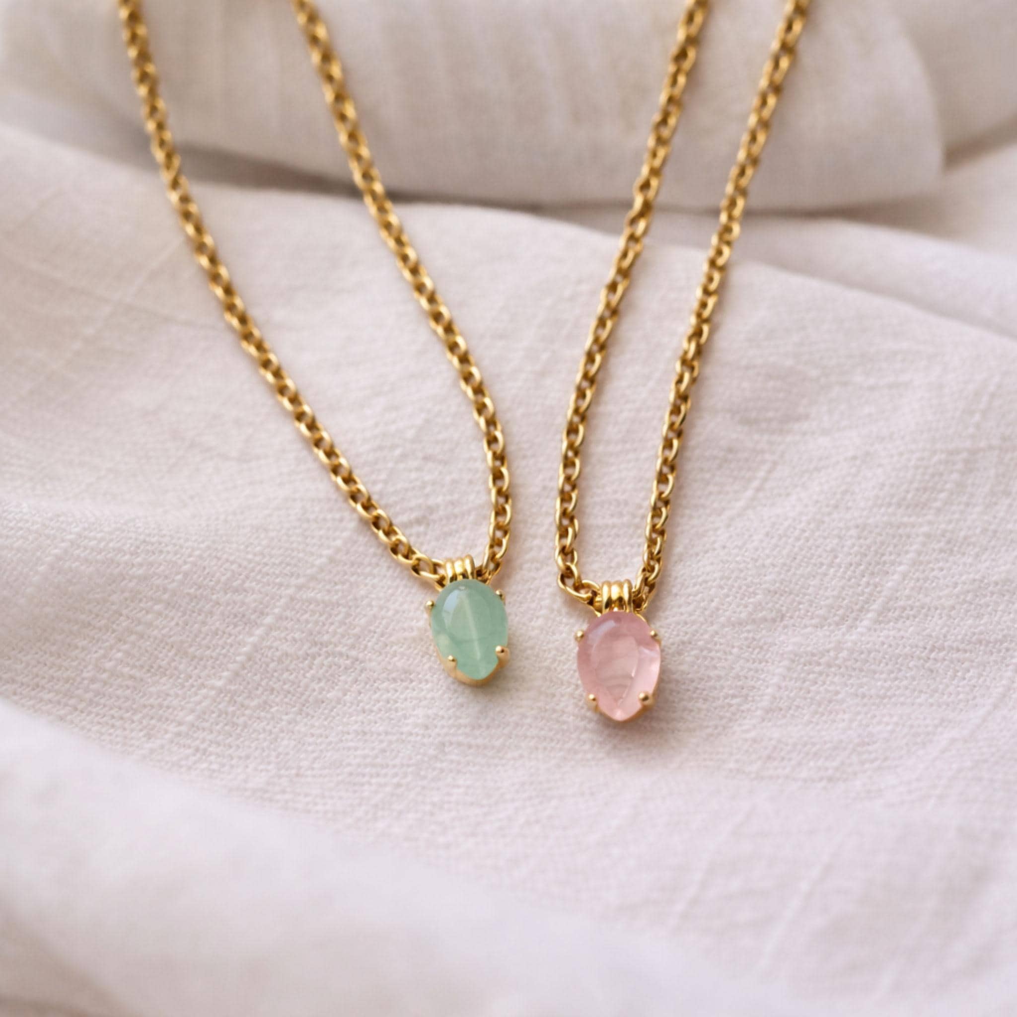 Dainty Gemstone Necklace Gold Mint Green Chalcedony Rose Quartz Pendant thumbnail 8