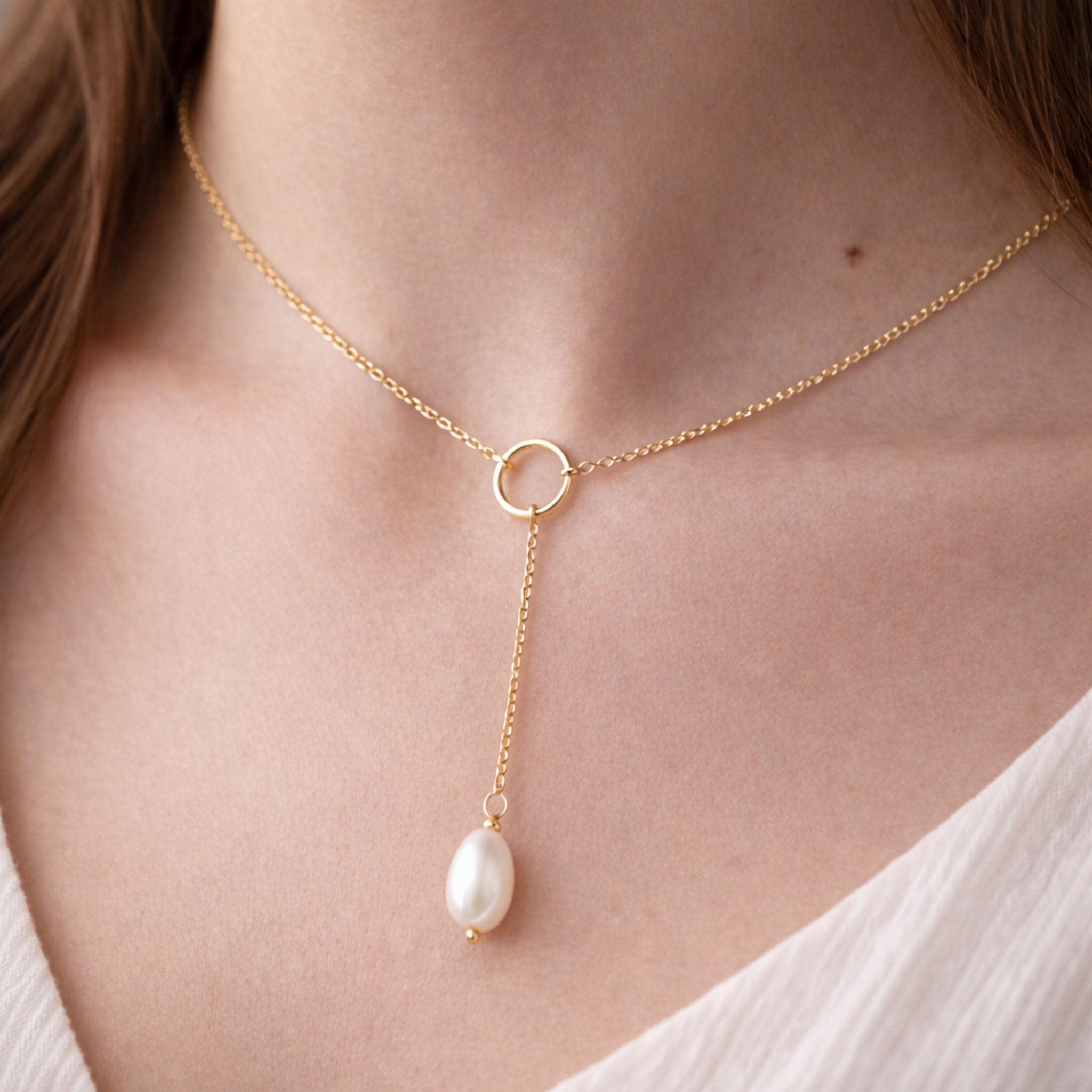 Handmade Freshwater Pearl Lariat Necklace - Flowing Pearls on Gold or Silver | Kreths Pearl Jewelry