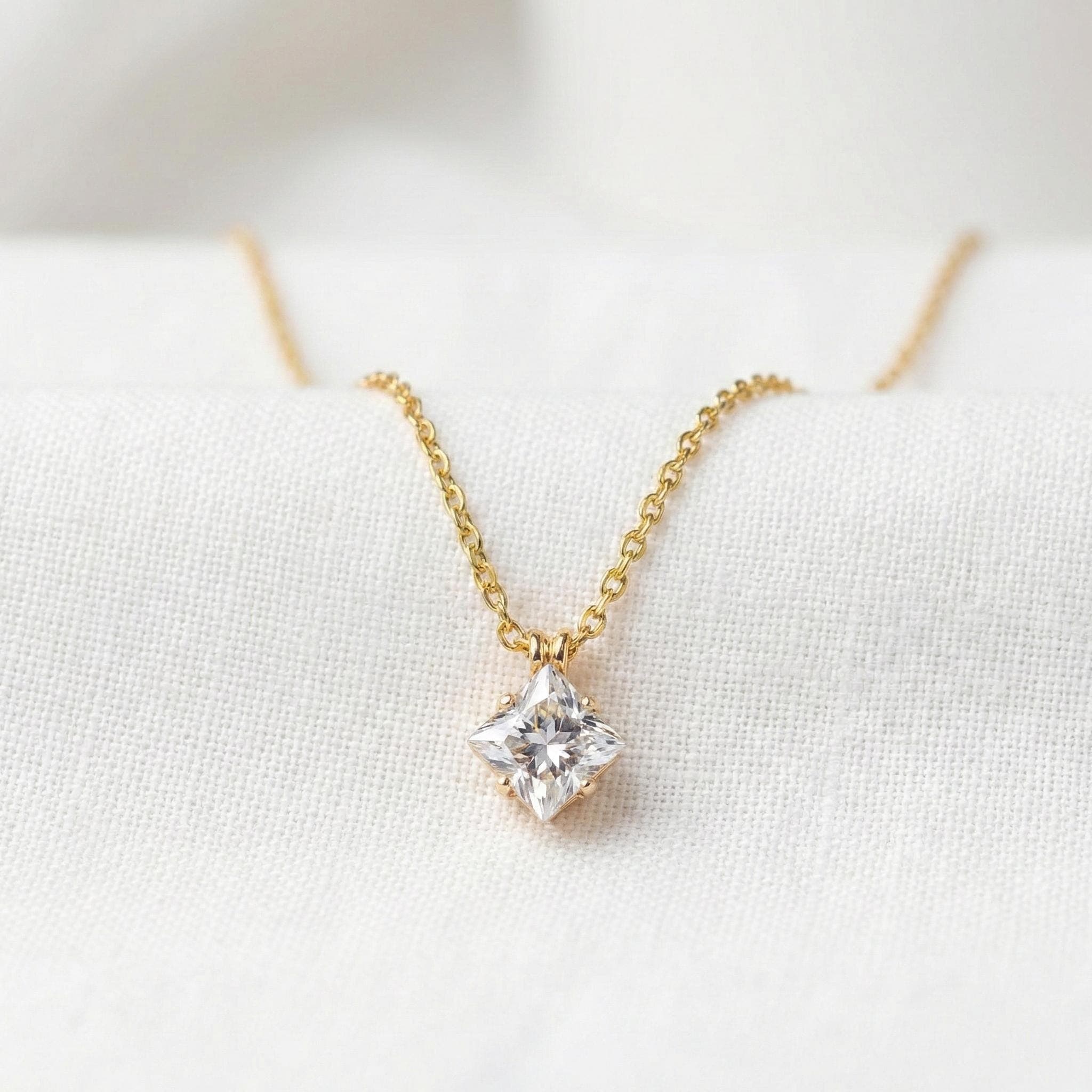 Minimal Gold Square CZ Necklace Dainty Solitaire Pendant Everyday Jewelry thumbnail 5