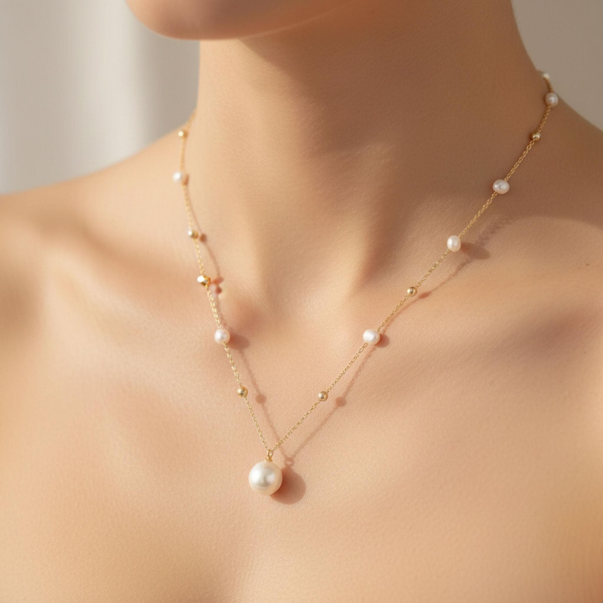 Freshwater Pearl Station Necklace - Lustrous Pearls on Fine Chain | Kreths Pearl Jewelry