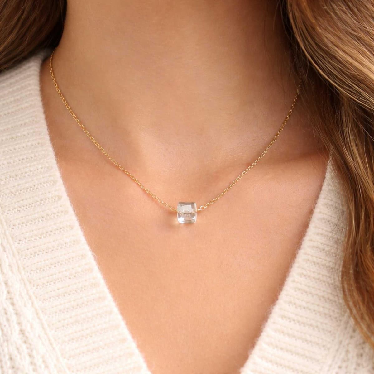 Dainty Necklace Crystal Cube - Square Crystal on Gold Chain | Kreths Pearl Jewelry