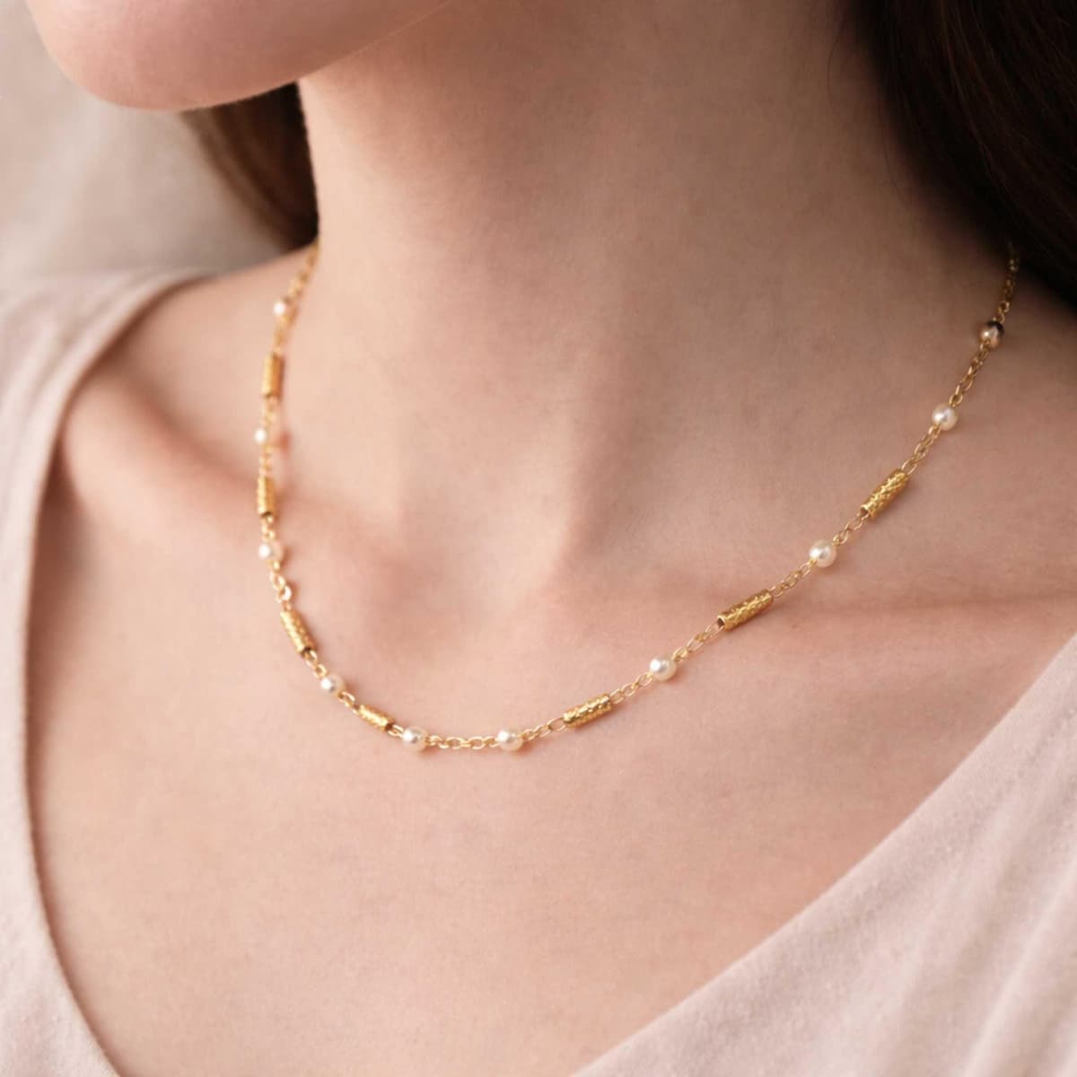 Pearl Necklace - Freshwater Pearl Station Choker, Textured Gold Beads | Kreths Pearl Jewelry