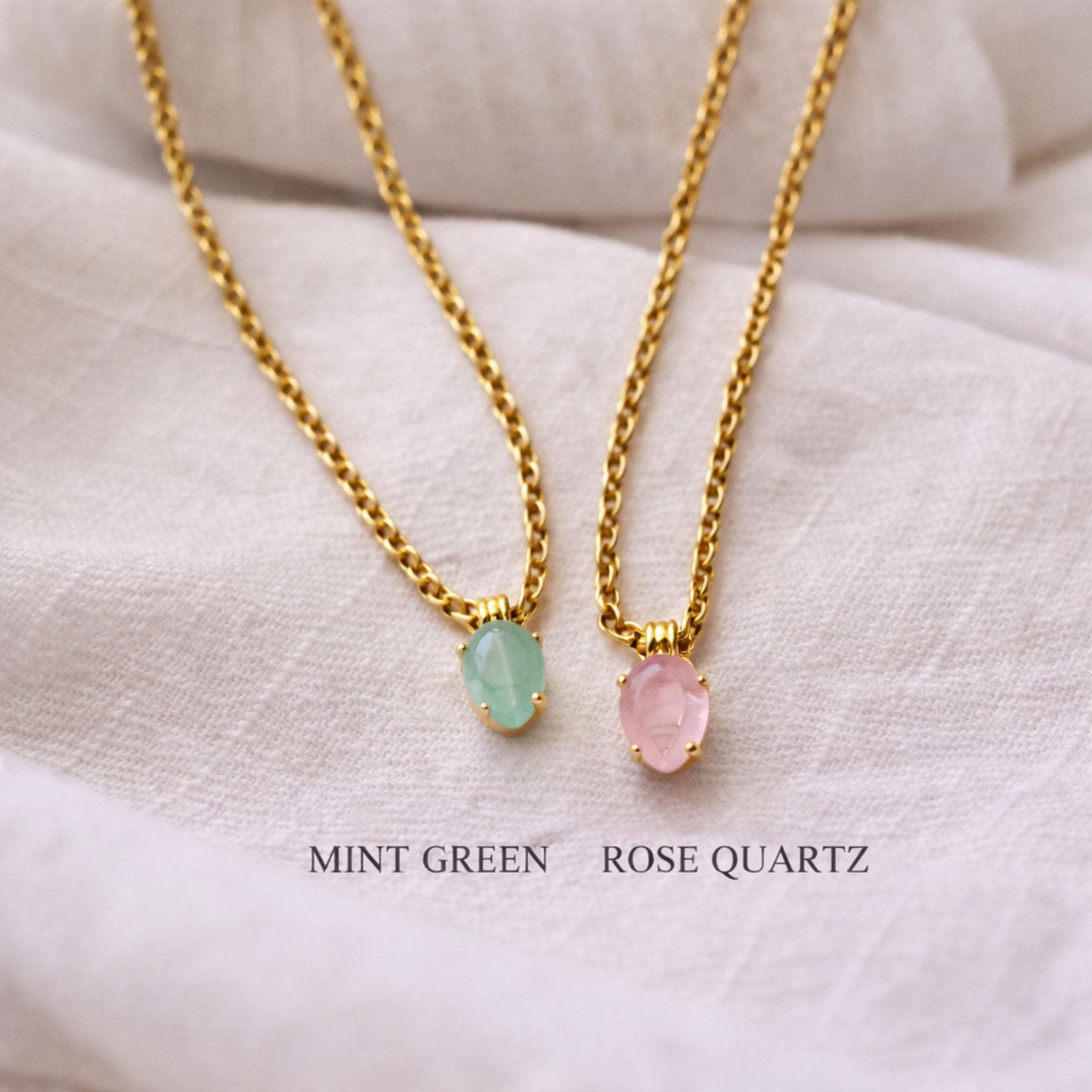 Dainty Gemstone Necklace Gold Mint Green Chalcedony Rose Quartz Pendant thumbnail 9