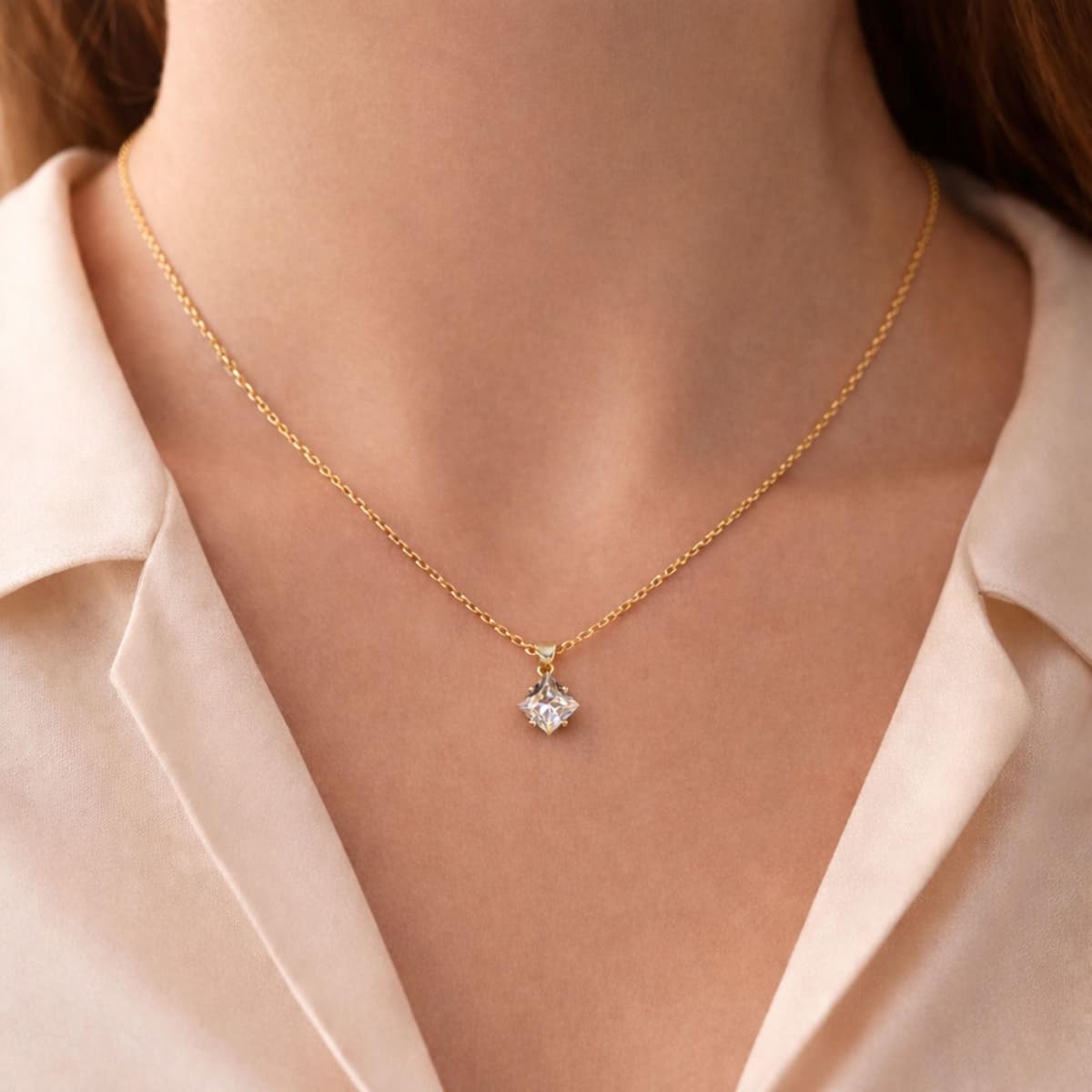 Minimal Gold Square CZ Necklace - Cubic Zirconia Solitaire Pendant | Kreths Pearl Jewelry