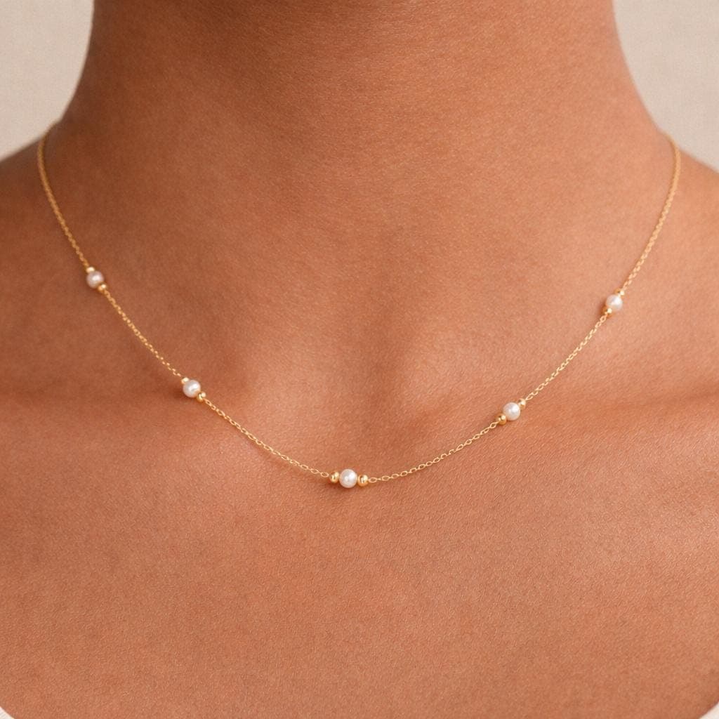 Dainty Gold Chain Pearl Necklace - Freshwater Pearl Station Choker, Gold Beads | Kreths Pearl Jewelry