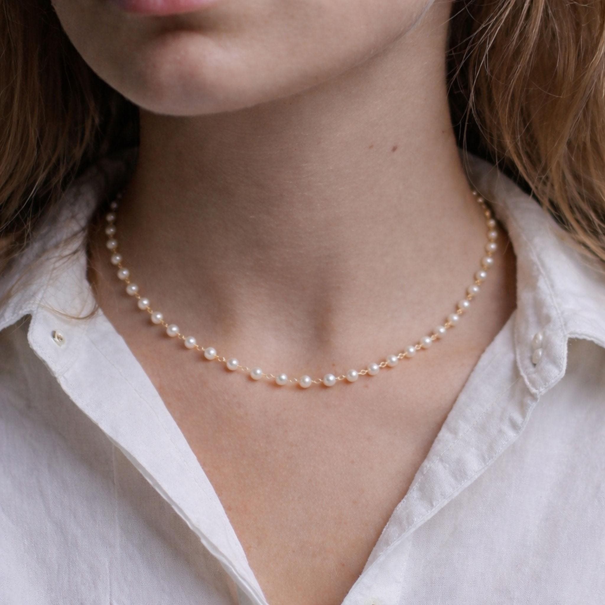 Handmade Freshwater Pearl Necklace - Lustrous Pearls on Gold Chain Choker | Kreths Pearl Jewelry
