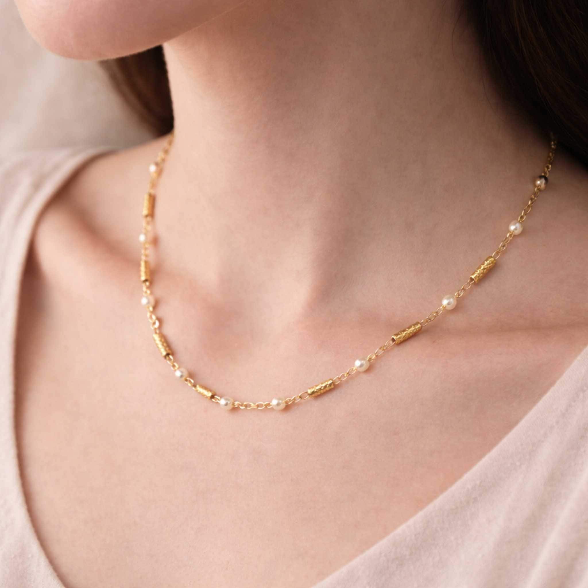 Pearl Necklace - Freshwater Pearl Station Choker, Textured Gold Beads | Kreths Pearl Jewelry